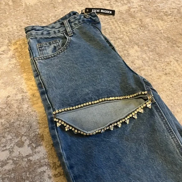 Steve Madden Taylor Jean - Blue Straight Leg Jeans with Beaded Detail - Picture 6 of 10